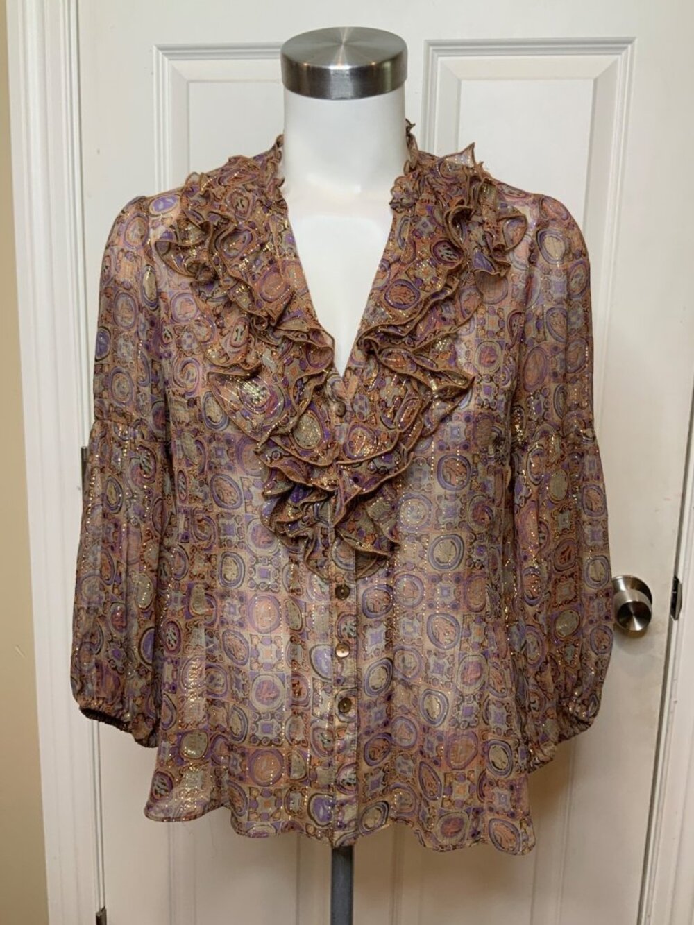 Nanette Lepore Mutlicolor Gold Striped Ruffle Sheer Silk Top, Size 2